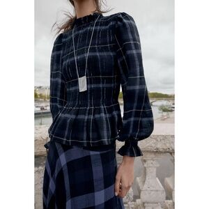 Zara SMOCKED PLAID TOP